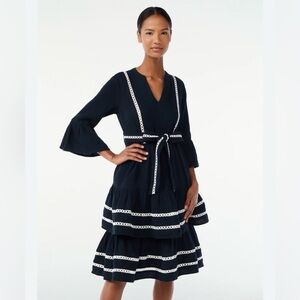 Scoop Black Boho Dress Embroidered Trim Belted Tiered Midi Dress Size M